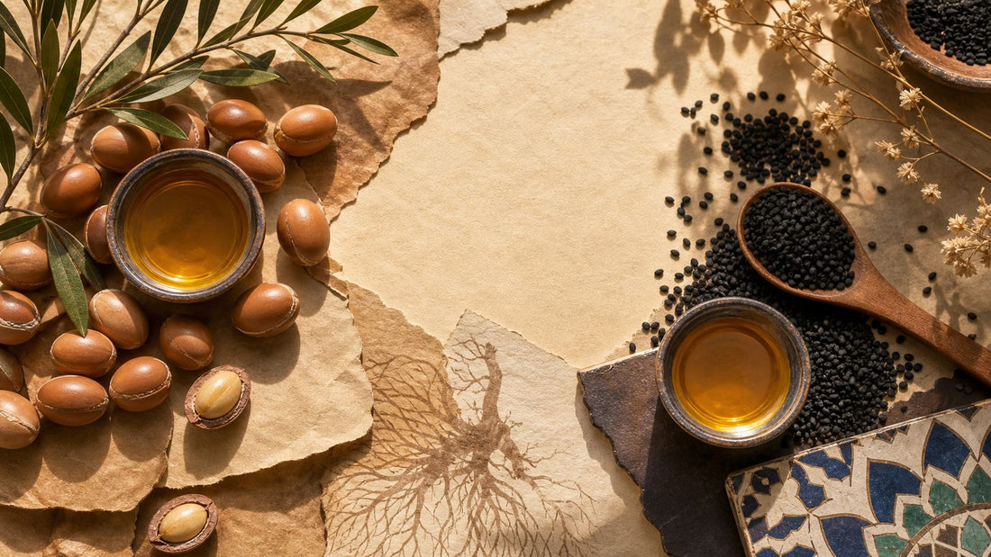 Argan i crni kim, papirni motiv marokanskih ulja