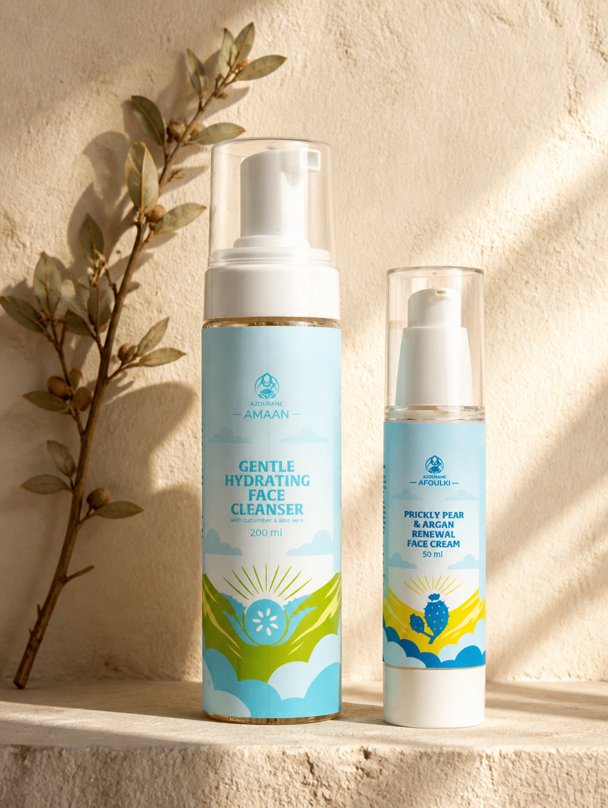 Face Duo bottles AMAAN + AFOULKI on cream plaster shelf with dried argan branch · ceremonial apothecary still-life