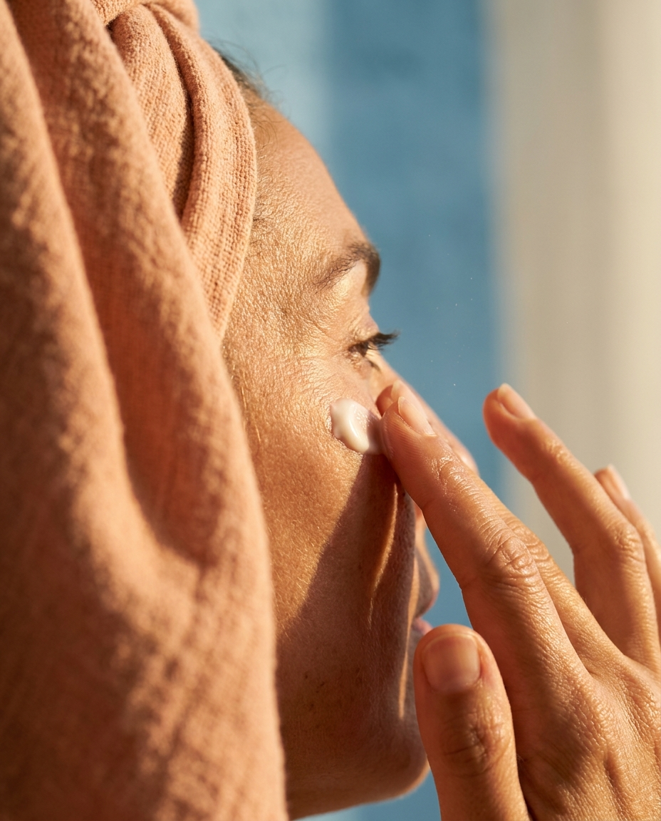 AFOULKI cream applied on cheek post-cleanse · dusty apricot cotton drape, sealing-in-moisture moment