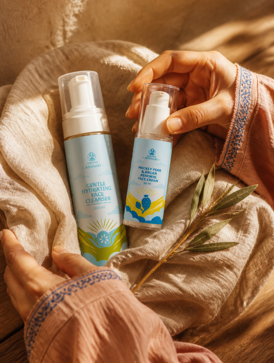 Face Duo unboxing · hands lifting AFOULKI from cream linen wrap, AMAAN nested beside, dried olive sprig