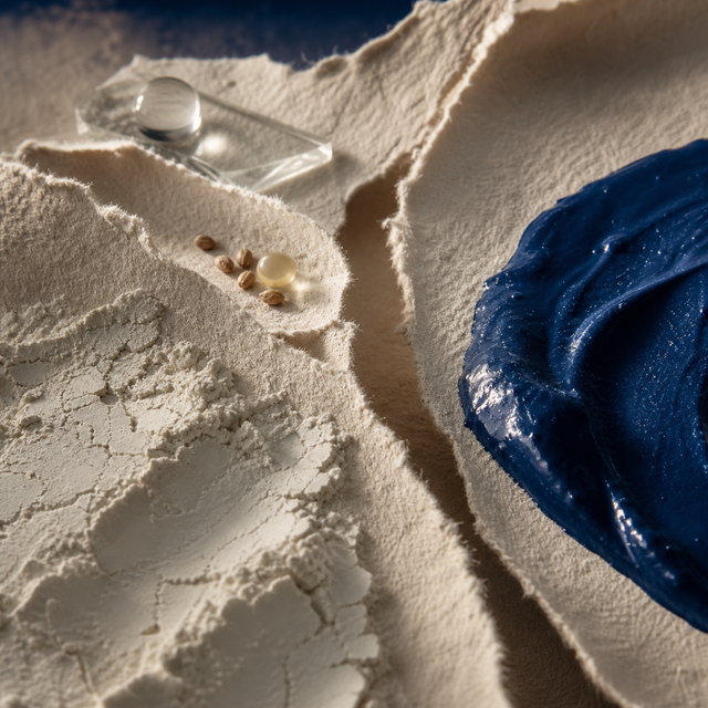 Bijeli kaolin, prozirni uljni trag i tamnoplava pasta TIFAWT maske na slojevitom papiru