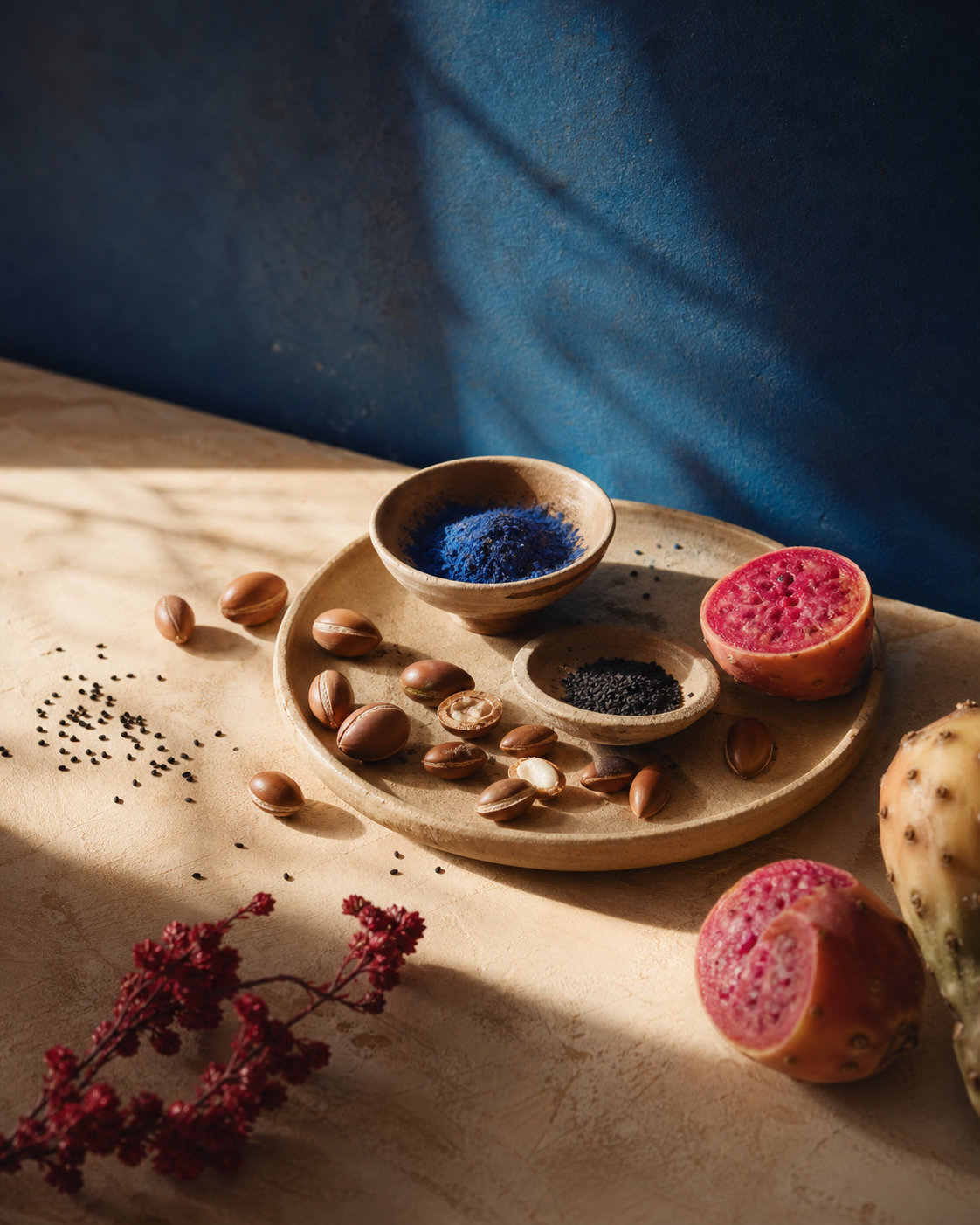 Argan, black seed, prickly pear and blue nila in the AZOURANE face-care world